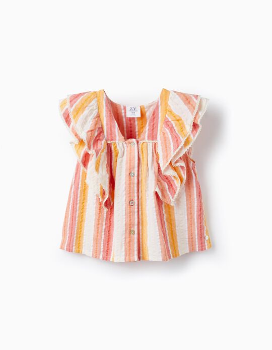 Striped Cotton Top with Ruffles for Girls, Orange