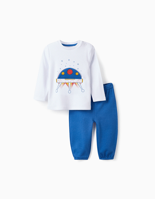 Cotton Pyjamas with 3D Effect for Baby Boys 'Spaceship', White/Blue