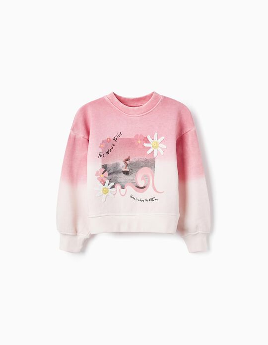 Cotton Sweatshirt with Crochet Flowers for Girls 'The Waves Tribe', Pink