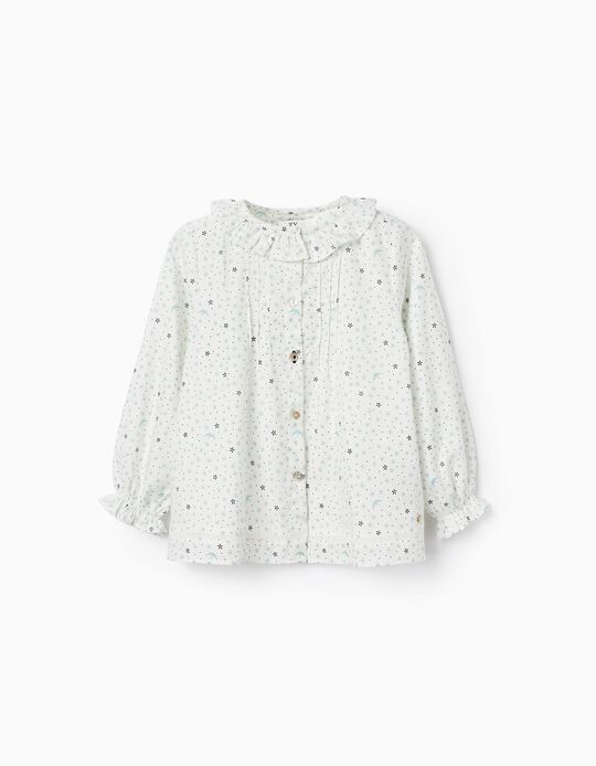 Cotton Twill Blouse with Pattern for Girls 'Flowers & Birds', White