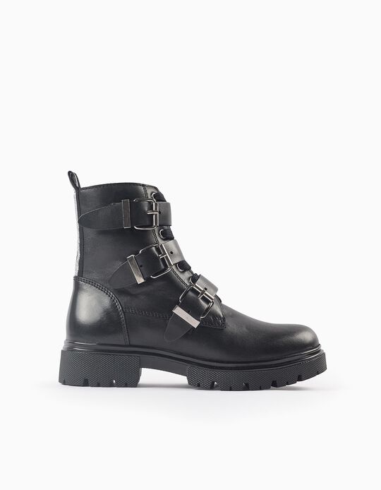 Comprar Online Botas Biker de Pele com Fivelas para Menina, Preto