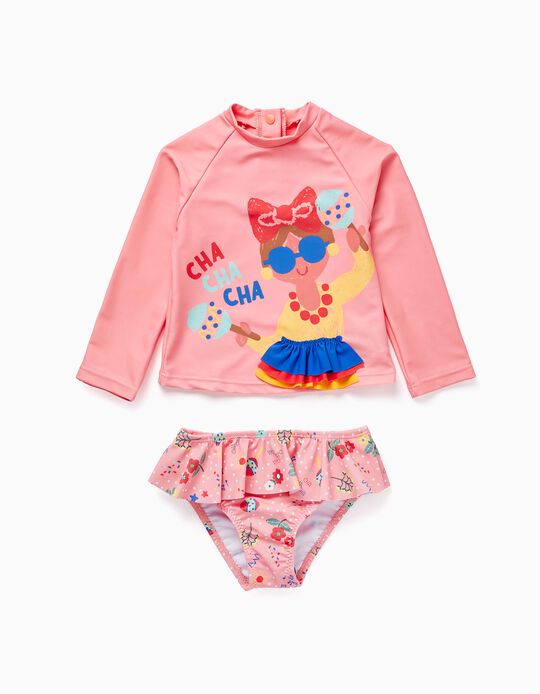 T-shirt + Bikini Bottom UPF80 for Baby Girls 'Cha Cha Cha', Pink