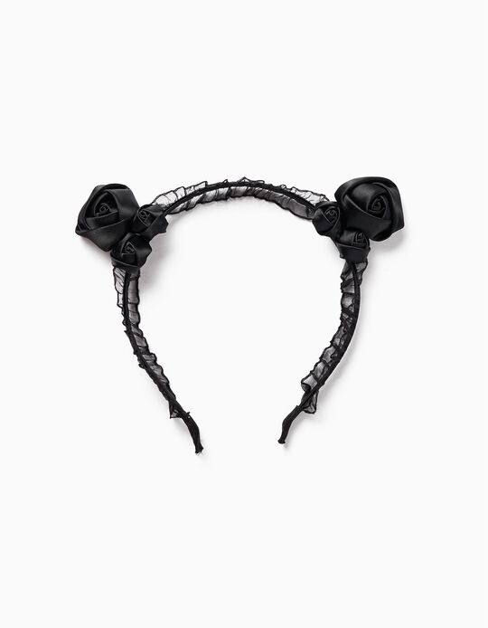 Headband with Roses and Tulle for Girls 'Halloween', Black