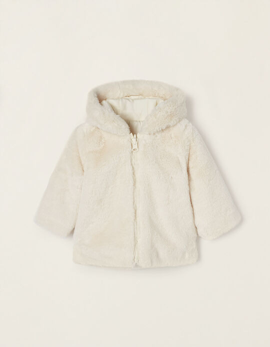 Reversible Jacket with Hood and Faux Fur for Baby Girls, White