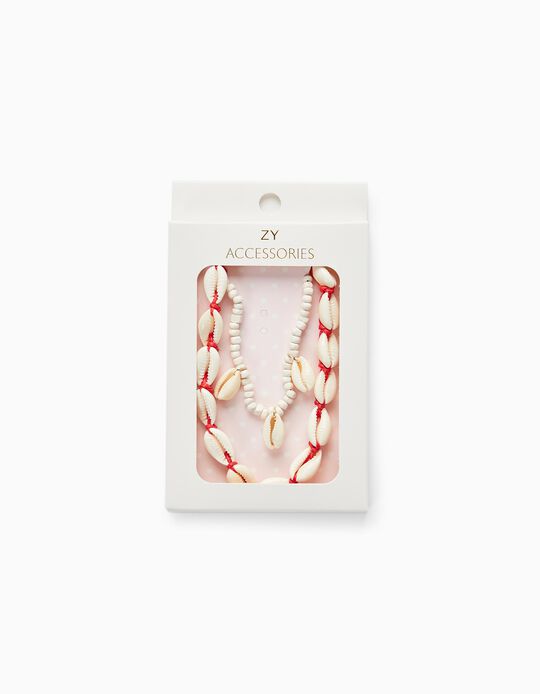 2 Necklaces with Shells for Girls, White/Red