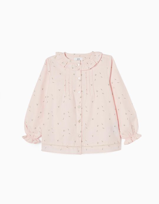 Long Sleeve Cotton Floral Shirt for Girls, Pink
