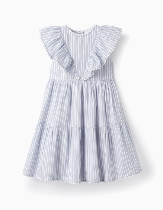 Comprar Online Vestido de Algodão com Folhos para Menina, Branco/Azul