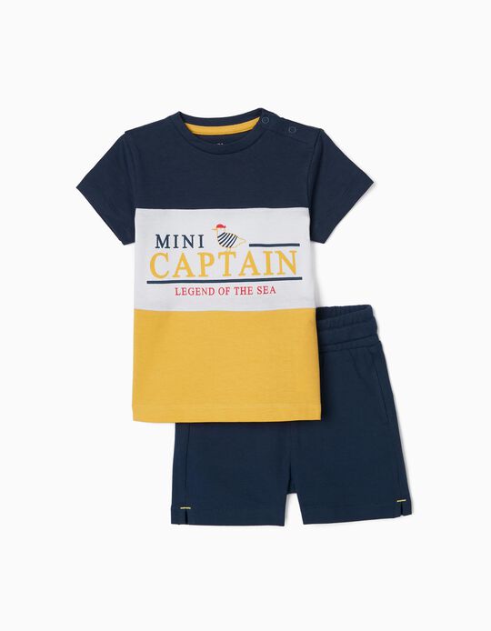 T-Shirt + Calções para Bebé Menino 'Captain', Azul Escuro/Amarelo