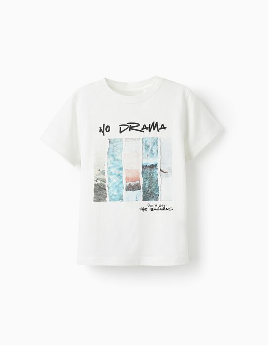 T-Shirt de Algodão para Menino 'No Drama', Branco