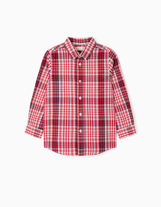 Plaid Long Sleeve Shirt for Boys, White/Red