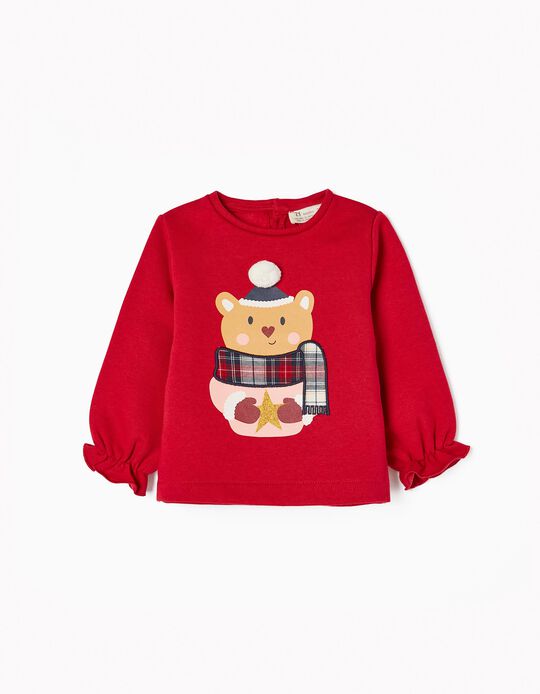 Cotton Sweatshirt for Baby Girls 'Christmas Teddy Bear', Red
