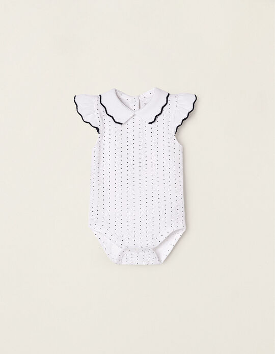 Polka-dot Cotton Bodysuit for Newborn Baby Girls, White/Dark Blue 
