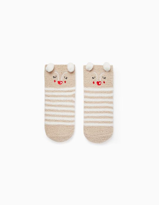 Christmas Fleece Socks for Girls 'Reindeer', White/Beige