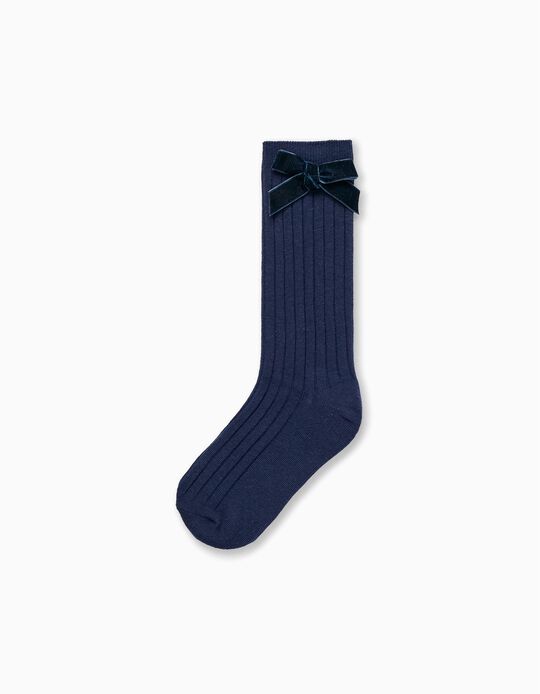 High Socks with Bow for Girls, Dark Blue