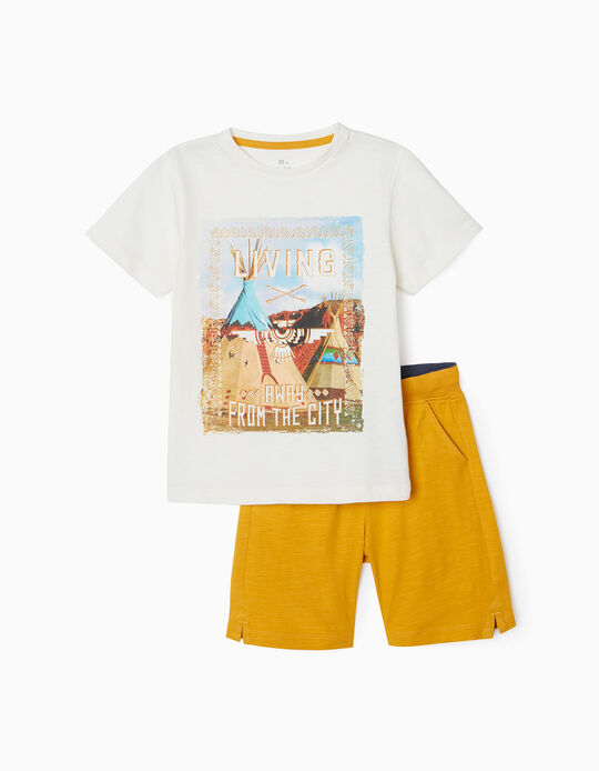 T-Shirt + Shorts for Boys 'Living Away', White/Yellow