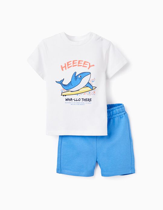 T-shirt + Calções para Bebé Menino 'Baleia Azul', Branco/Azul