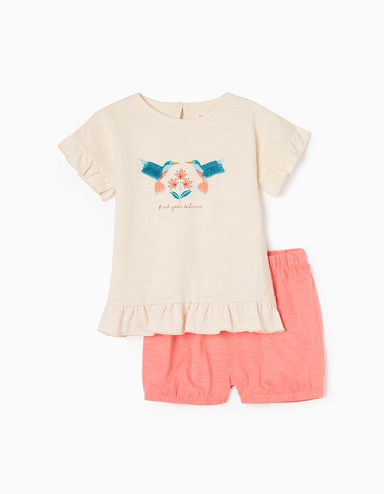 Conjunto T-shirt + Calções de Algodão para Bebé Menina 'Pássaros', Bege/Coral
