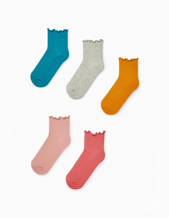 5 Pairs of Ribbed Socks for Girls, Multicoloured