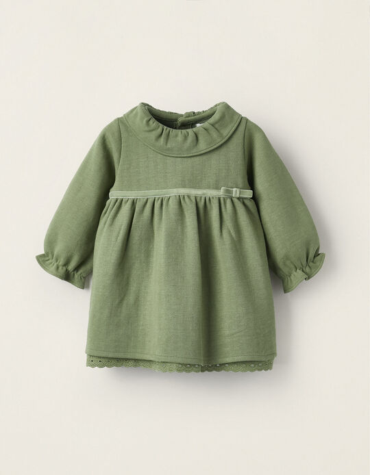Vestido de Manga Comprida com Laço e Bordado para Bebé Menina, Verde