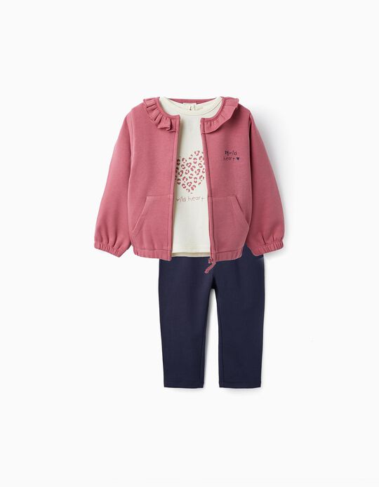 Jacket + T-Shirt + Leggings for Baby Girls, Pink/White/Dark Blue