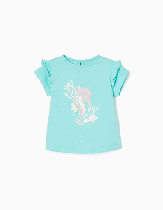 Camiseta de Algodón para Bebé Niña 'Caballito de Mar', Azul