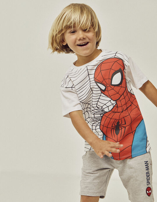 Conjunto T-shirt + Calções de Algodão para Menino 'Spider-Man', Branco/Cinza