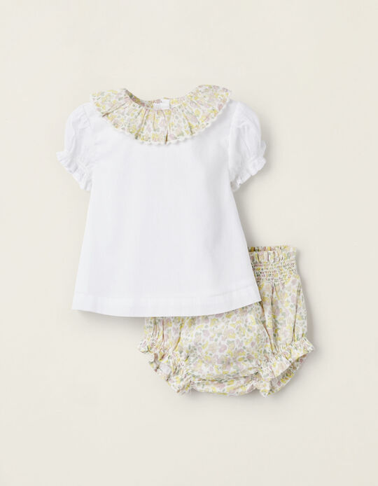 T-Shirt + Diaper Cover for Newborn Girls 'Floral', White