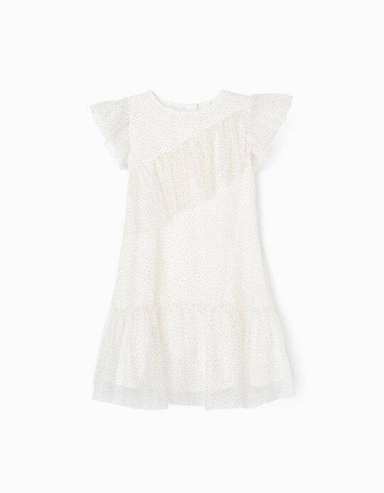 Tulle Dress with Ruffles for Girls, White/Gold