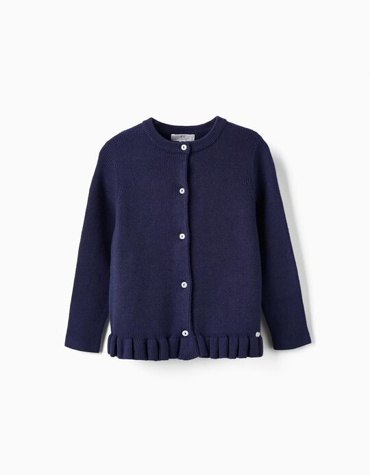 Ribbed Knit Cardigan with Ruffles for Girls, Dark Blue