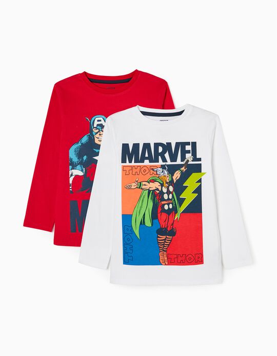 2 Camisetas de Manga Larga para Niño 'Los Vengadores', Rojo/Blanco