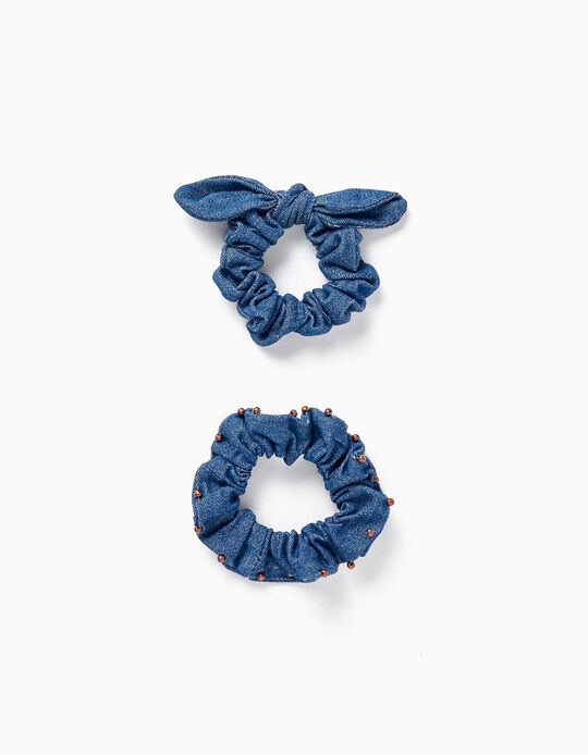 Pack of 2 Denim Scrunchie Elastics for Girls, Blue