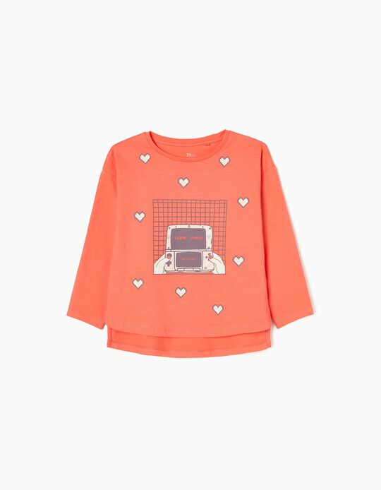 Long Sleeve Cotton T-shirt for Girls 'Hearts', Coral