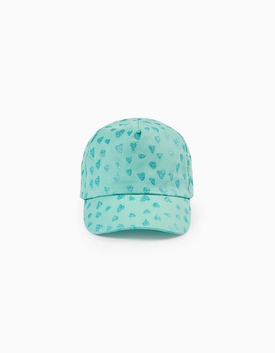 Cotton Cap with Hearts and Glitter for Girls, Aqua Green