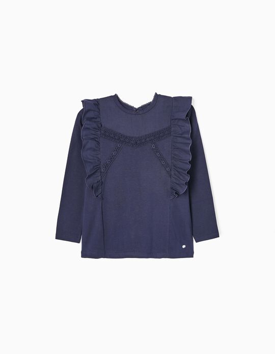 Long Sleeve T-shirt with Ruffles and Crochet Collar for Girls, Dark Blue