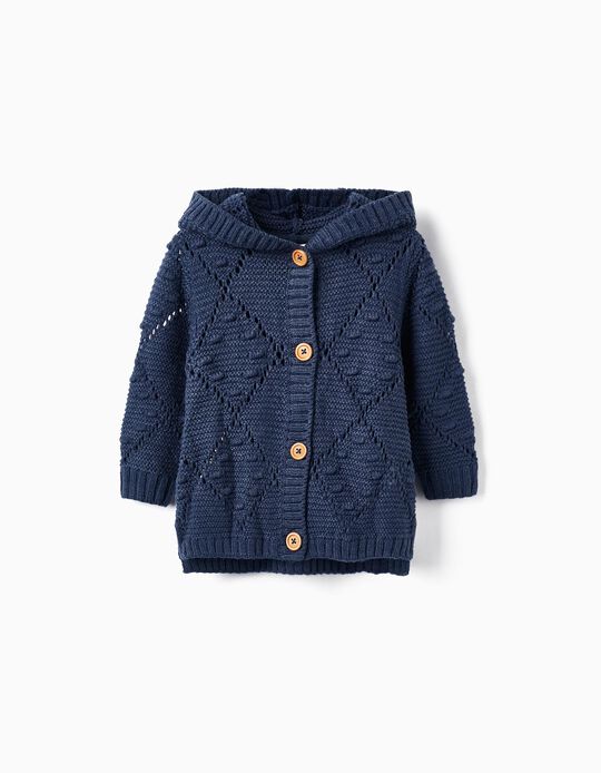 Perforated Knitted Hooded Jacket for Baby Girls, Dark Blue