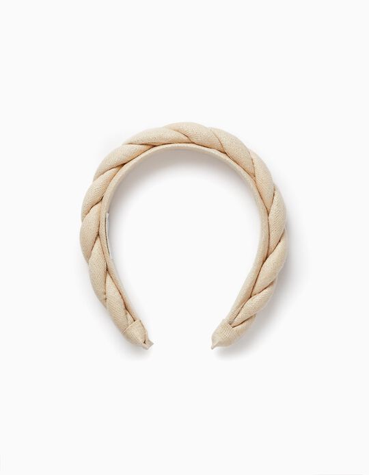 Headband with Braided Detail and Lurex Threads for Girls, Light Beige/Gold