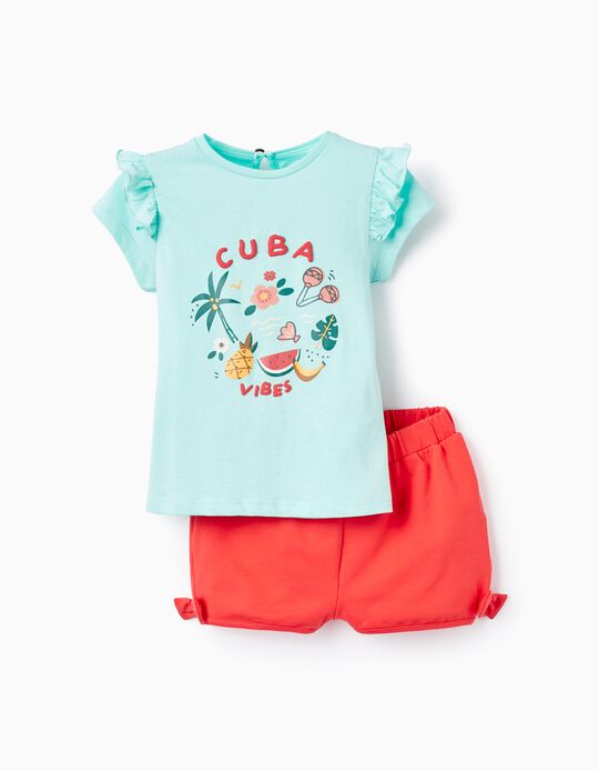 Buy Online T-shirt + Shorts for Baby Girls 'Cuba', Red/Aqua Green