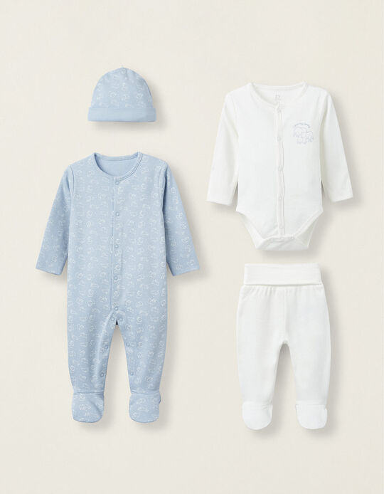 4-Piece Cotton Set for Newborns 'Rabbit & Elephant', White/Blue