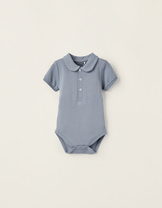 Short Sleeve Polo Bodysuit in Cotton for Newborn Boys, Blue