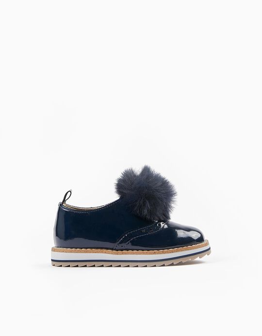 Patent Shoes with Pompom for Baby Girls, Dark Blue 