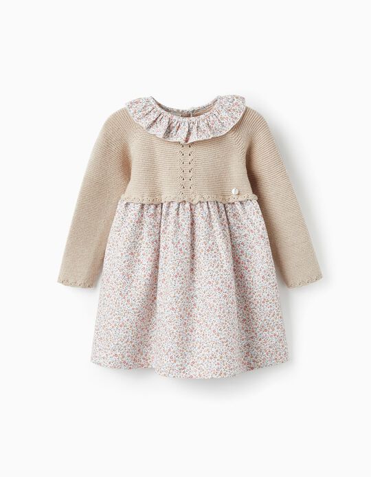 Comprar Online Vestido Combinado com Malha e Algodão para Bebé Menina 'Floral', Bege