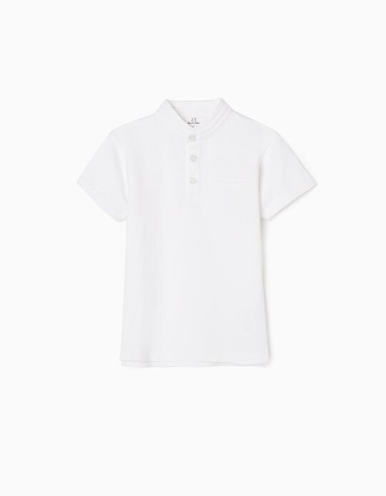 Cotton Polo Shirt with Mao Collar for Boys, White