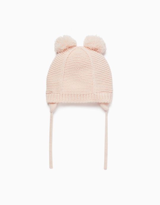 Knit Beanie with Pompoms for Baby Girls, Pink