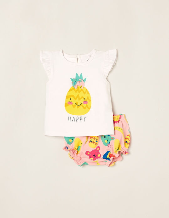 Camiseta + Short de Algodón para Recién Nacida 'Happy', Blanco/Rosa