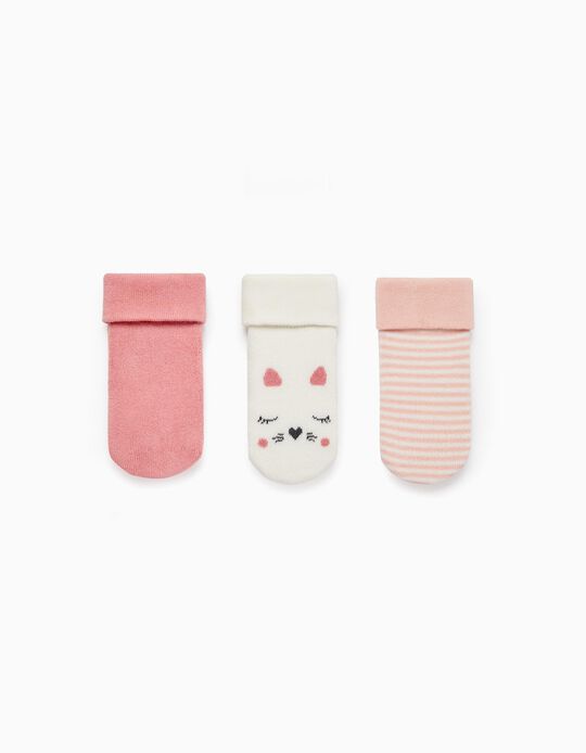 3-Pack Cuffed Socks in Cotton for Baby Girls, White/Pink