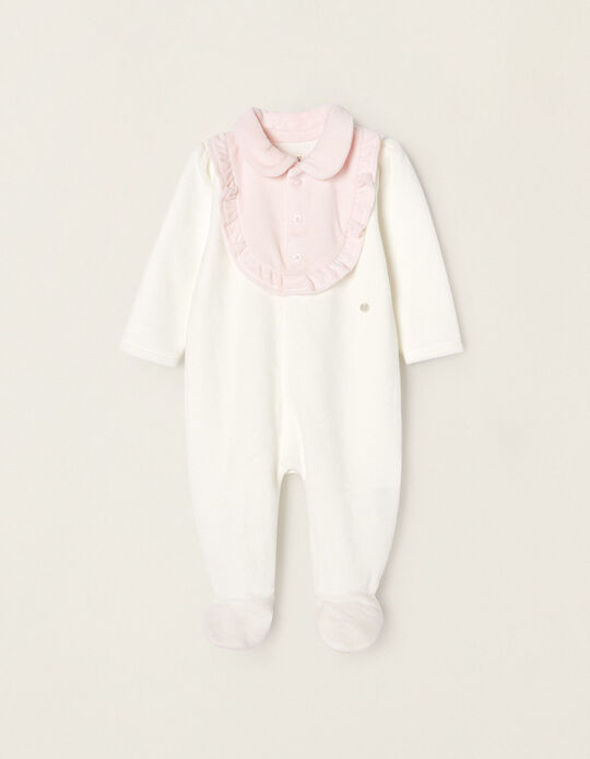 Velour Sleepsuit with Ruffles for Newborn Baby Girls, Pink/White