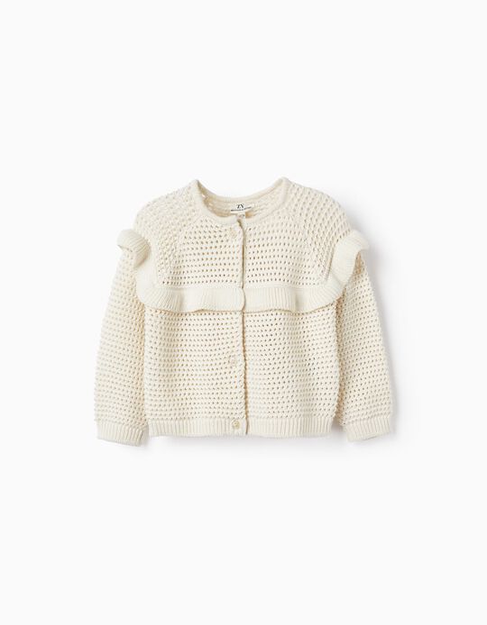 Jacket in Perforated Cotton Knit for Baby Girls 'B&S', White