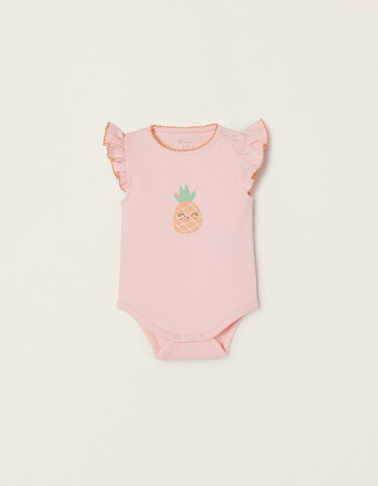 Cotton Ribbed Bodysuit for Newborn Baby Girls 'Pineapple', Pink/Orange 