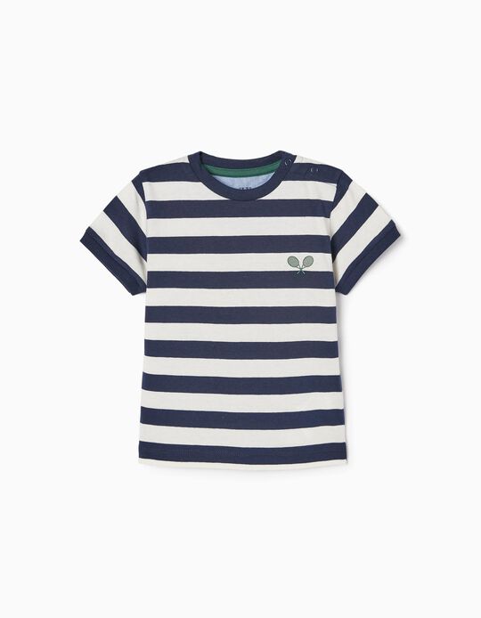 T-shirt de Algodão às Riscas para Bebé Menino, Branco/Azul Escuro