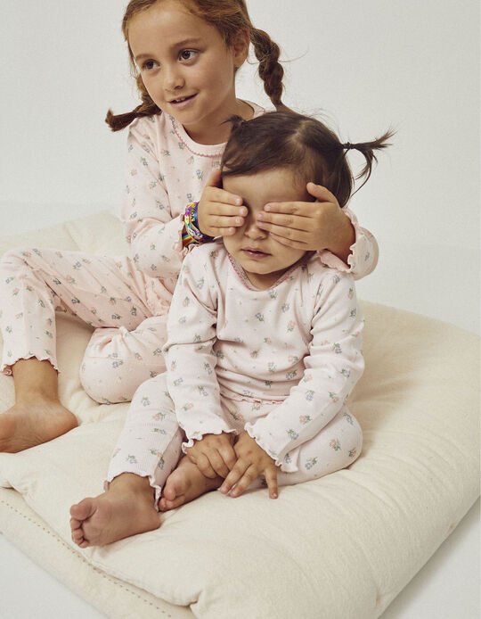 Pijama Floral Canelado em Algodão para Bebé Menina, Rosa